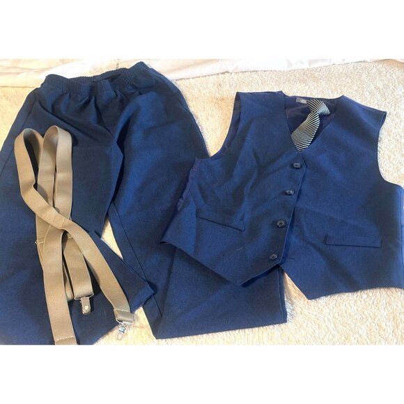 Van Heusen Boys Set Vest Pants Suspender Tie Navy Blue Size12 White Shirt Small - Picture 1 of 15